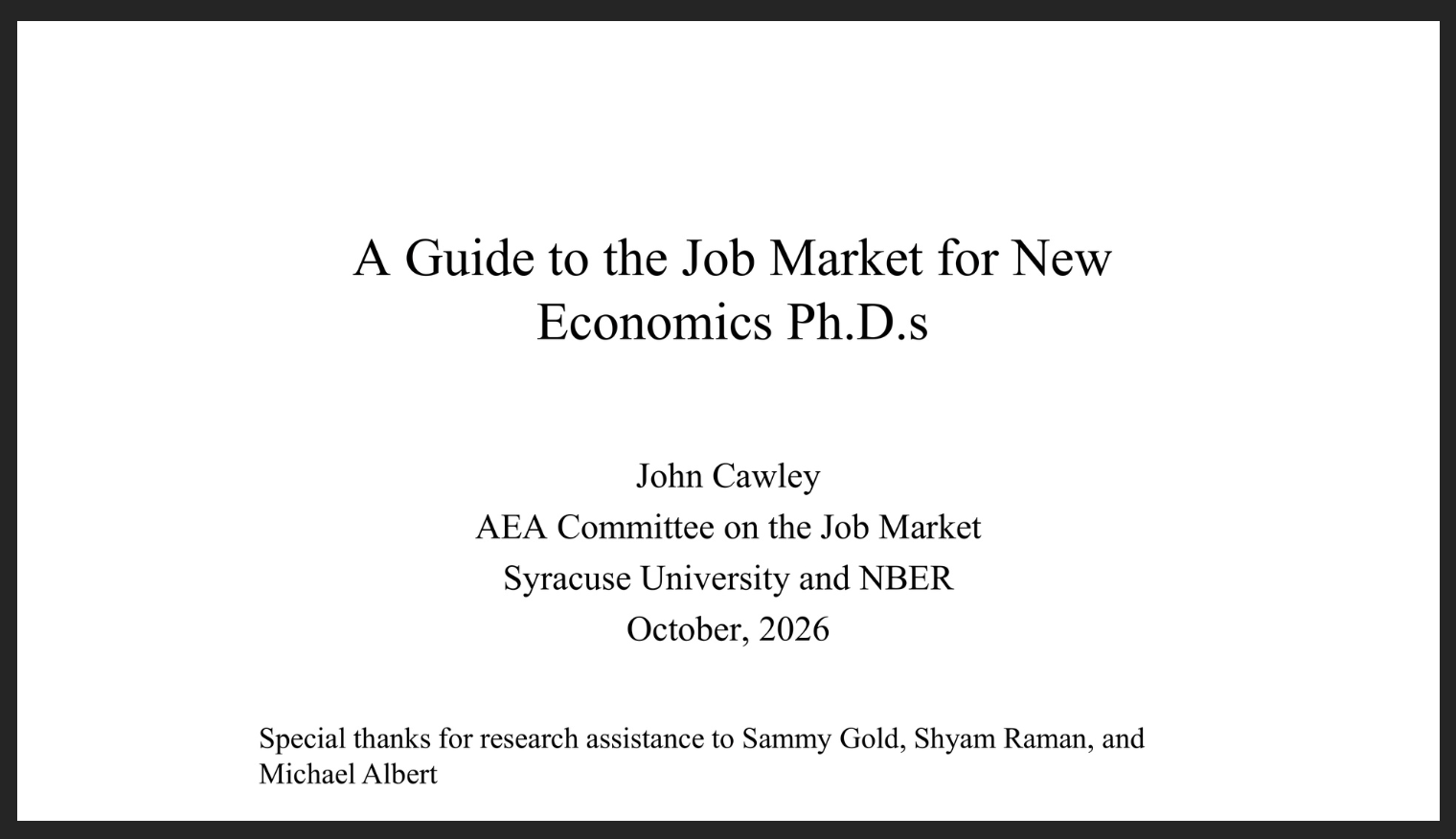 2026 Webinar on the Economics PhD Job Market - John Cawley